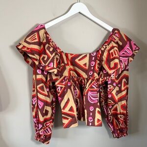 Emily McCarthy Tribal Palm Top Square Neck Long Sleeve Smocked brown pink S NEW